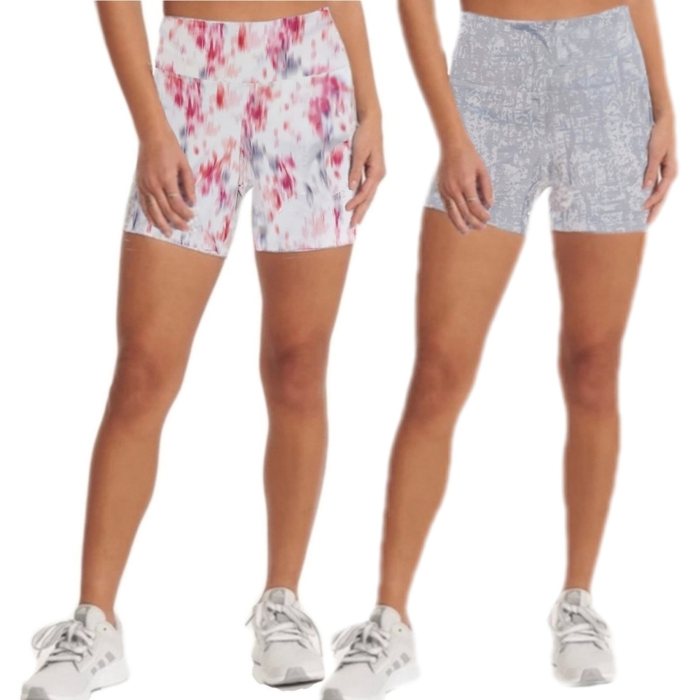 2 Workout Shorts Womens Sz SML Hi-Rise Om-Dri Stretch Pocket Print NWT Gaiam